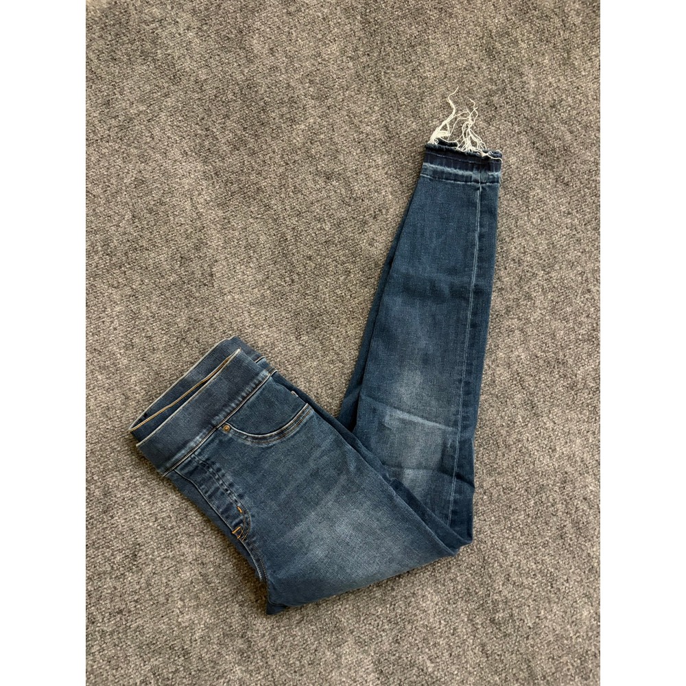 Spanx Jean-ish Ankle Leggings Medium Indigo Distressed Raw Hem Pull On Denim